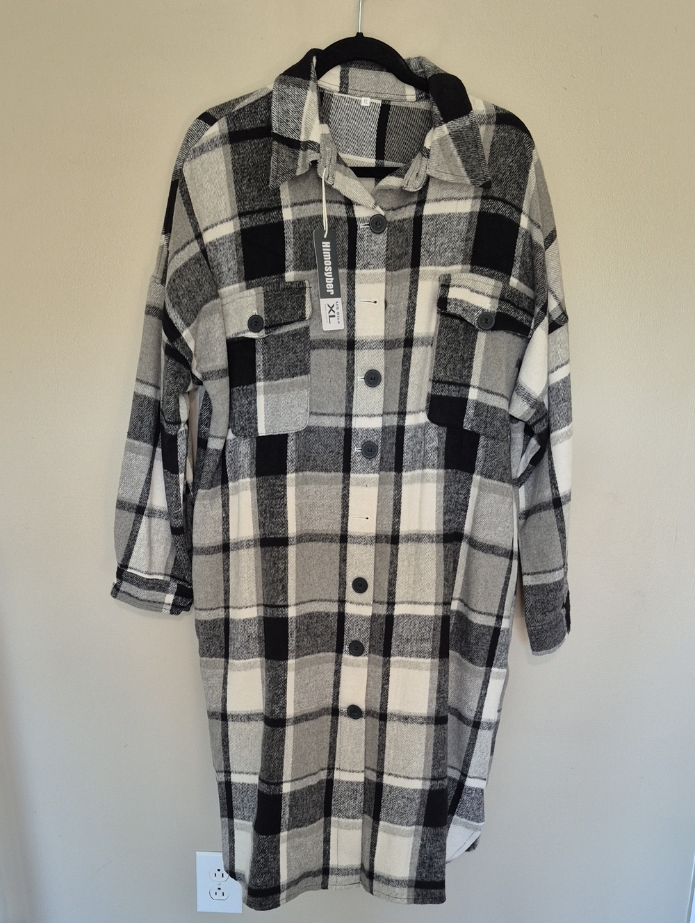 New! Oversized Black & White Plaid Long Flannel Shacket